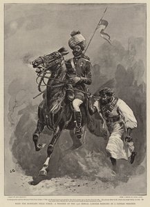 Mohmand Field Force -joukot, 13. Bengal Lancersin sotilas tuomassa Pathan-vangin